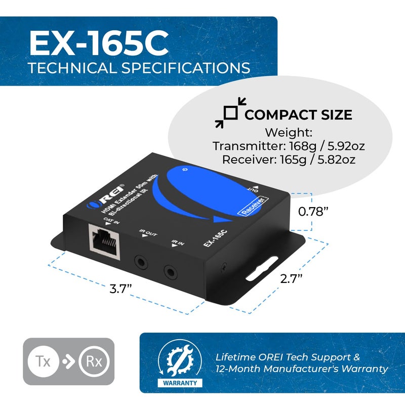OREI HDMI over Ethernet Extender over Cat6/Cat7 Cable upto 165 Feet 1080p, Full HD, Local Loop Out Option, with IR Control EDID POC Function Transmitter and Receiver (EX-165C) - Image 5